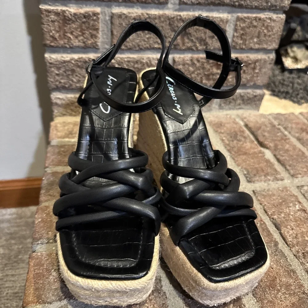 Womens Circus NY Sam Edelman Irene Black Faux Leather‎ Espadrille Sz 9.5 #114